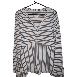 Maeve Anthropologie Top Women Large Blue White Excellent Striped Peplum Henley